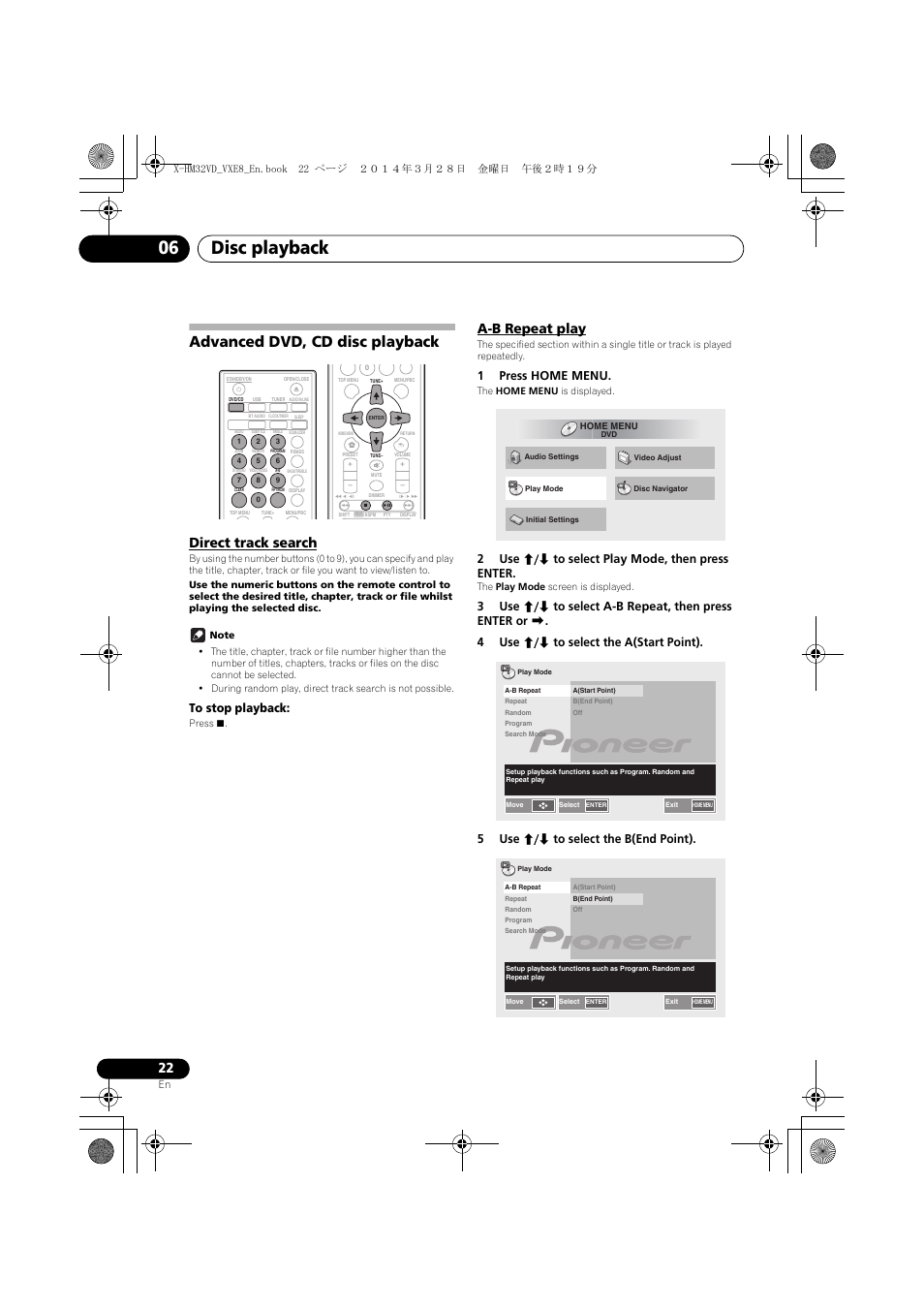 Advanced dvd, cd disc playback, Direct track search, A-b repeat play | Disc playback 06, 1press home menu, 2use / to select play mode, then press enter | Pioneer X-HM32VD-K User Manual | Page 22 / 52