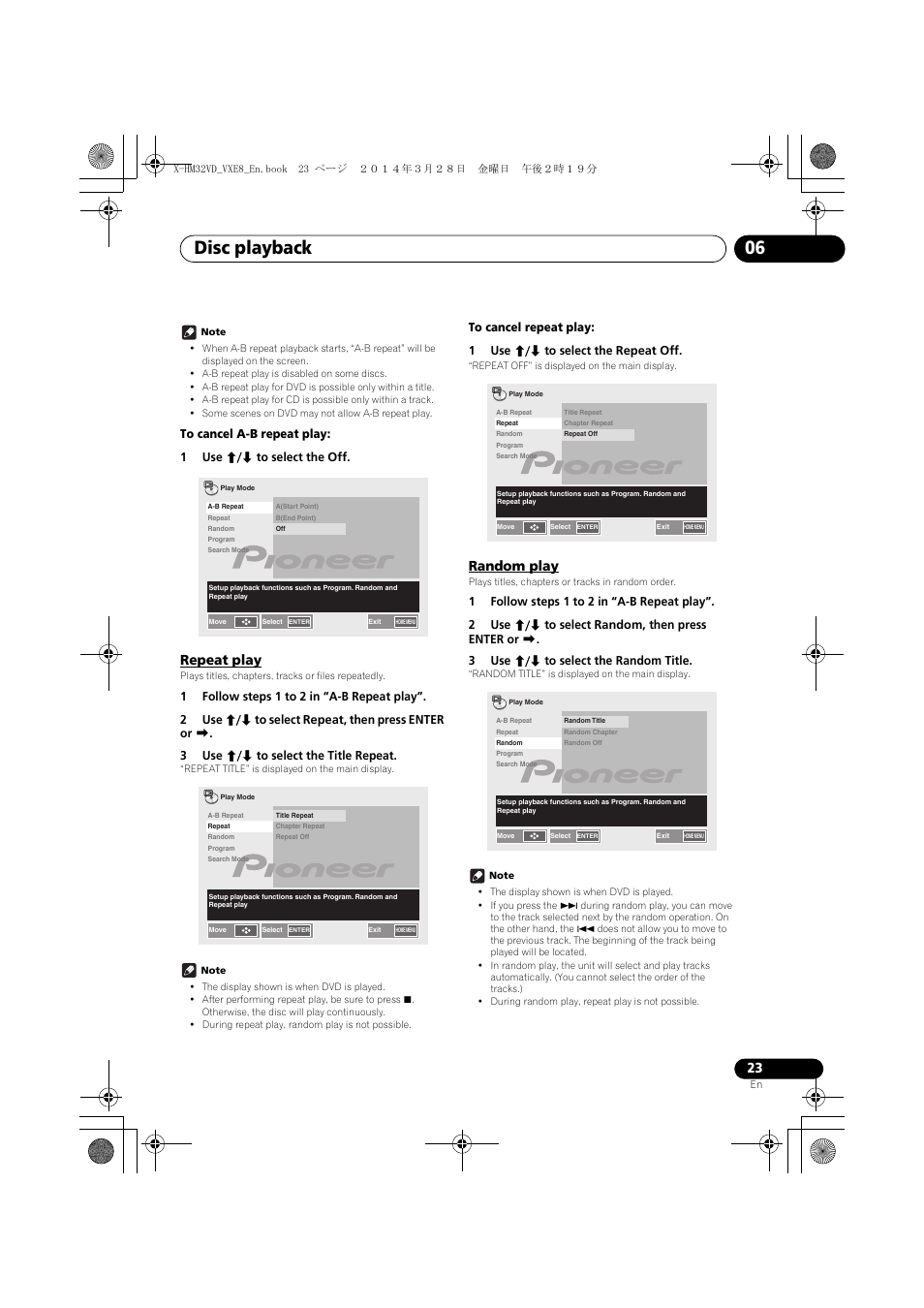 Repeat play, Random play, Disc playback 06 | Pioneer X-HM32VD-K User Manual | Page 23 / 52