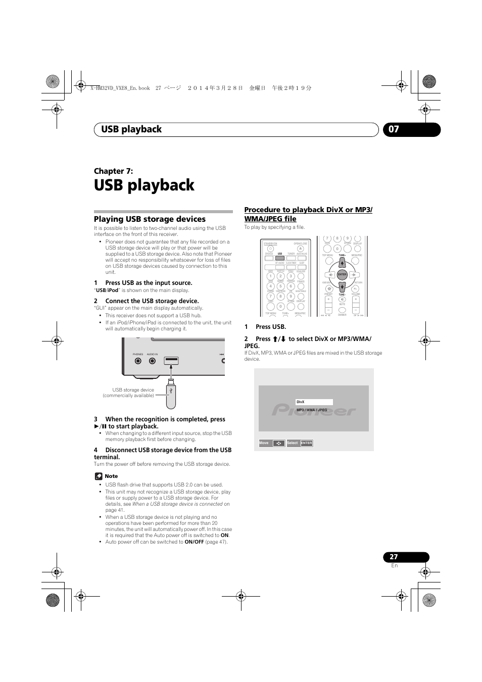 07 usb playback, Playing usb storage devices, Procedure to playback divx or mp3/wma/jpeg file | Usb playback, Usb playback 07, Chapter 7, Procedure to playback divx or mp3/ wma/jpeg file, 1press usb as the input source, 2connect the usb storage device | Pioneer X-HM32VD-K User Manual | Page 27 / 52