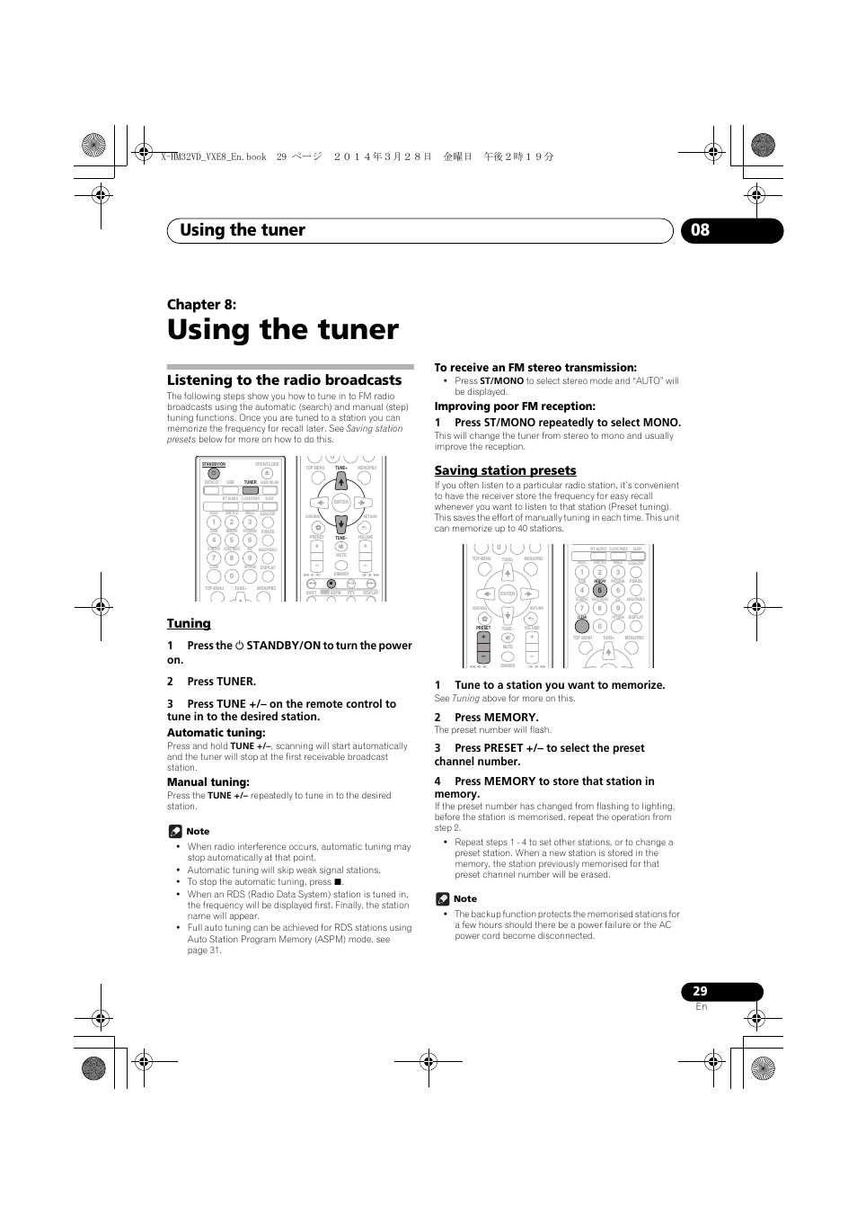 08 using the tuner, Listening to the radio broadcasts, Tuning | Saving station presets, Using the tuner, Using the tuner 08, Chapter 8, Manual tuning | Pioneer X-HM32VD-K User Manual | Page 29 / 52