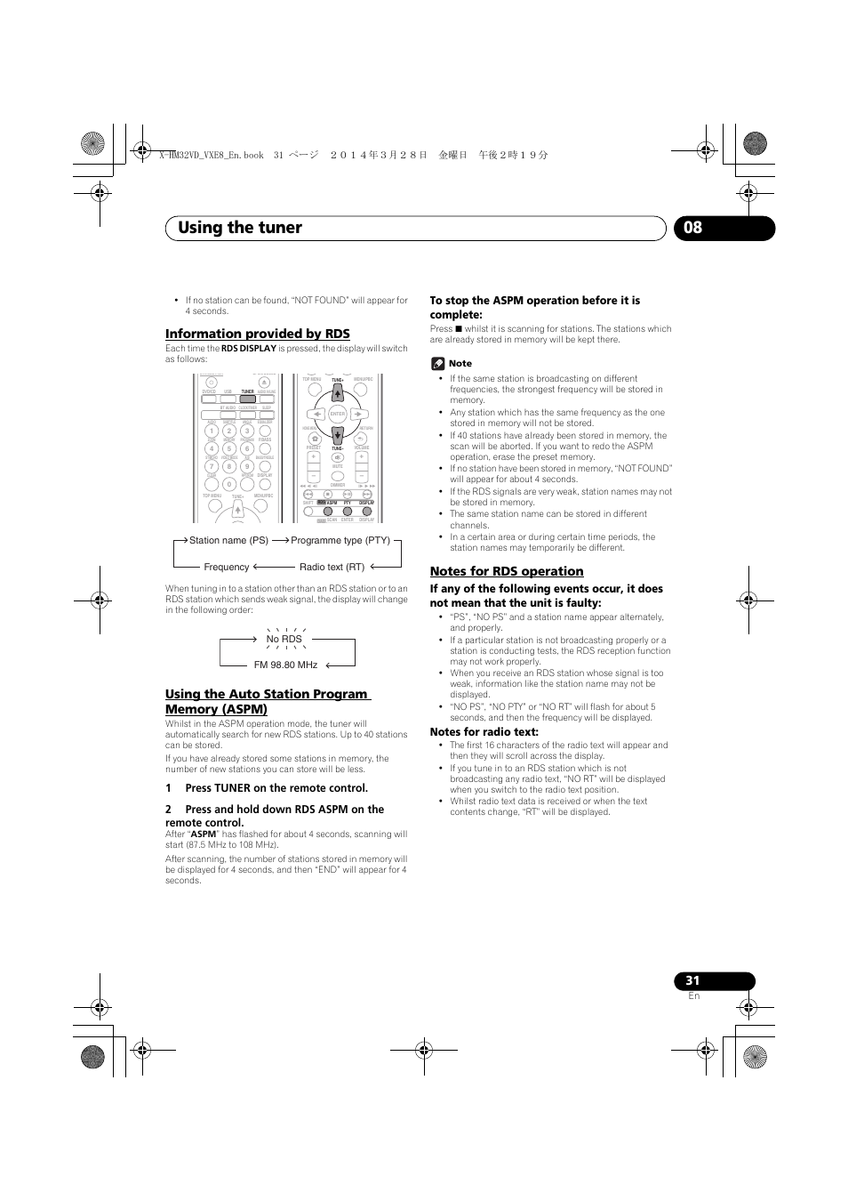 Information provided by rds, Using the auto station program memory (aspm), Notes for rds operation | Using the tuner 08 | Pioneer X-HM32VD-K User Manual | Page 31 / 52