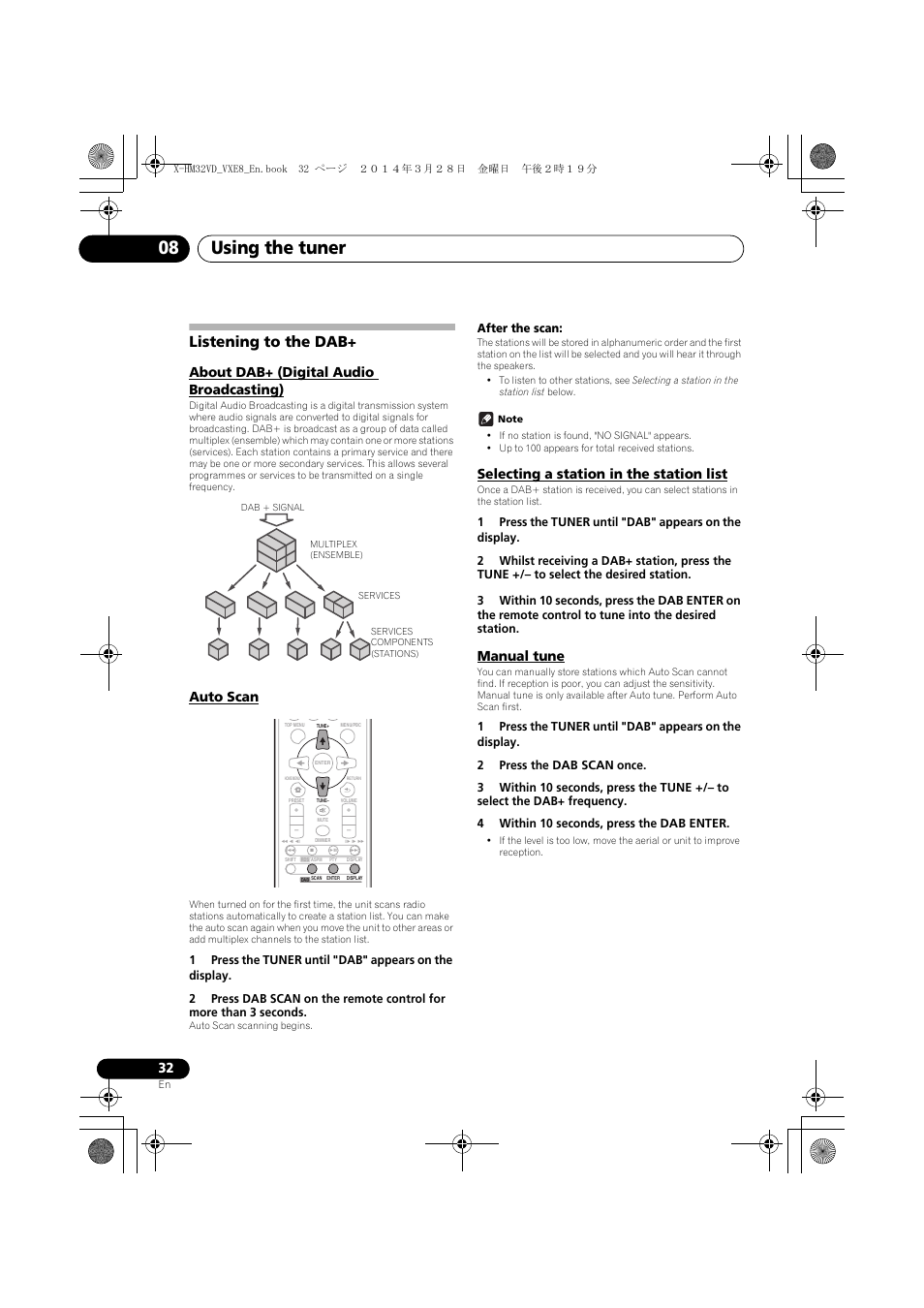 Listening to the dab, About dab+ (digital audio broadcasting), Auto scan | Selecting a station in the station list, Manual tune, Using the tuner 08 | Pioneer X-HM32VD-K User Manual | Page 32 / 52