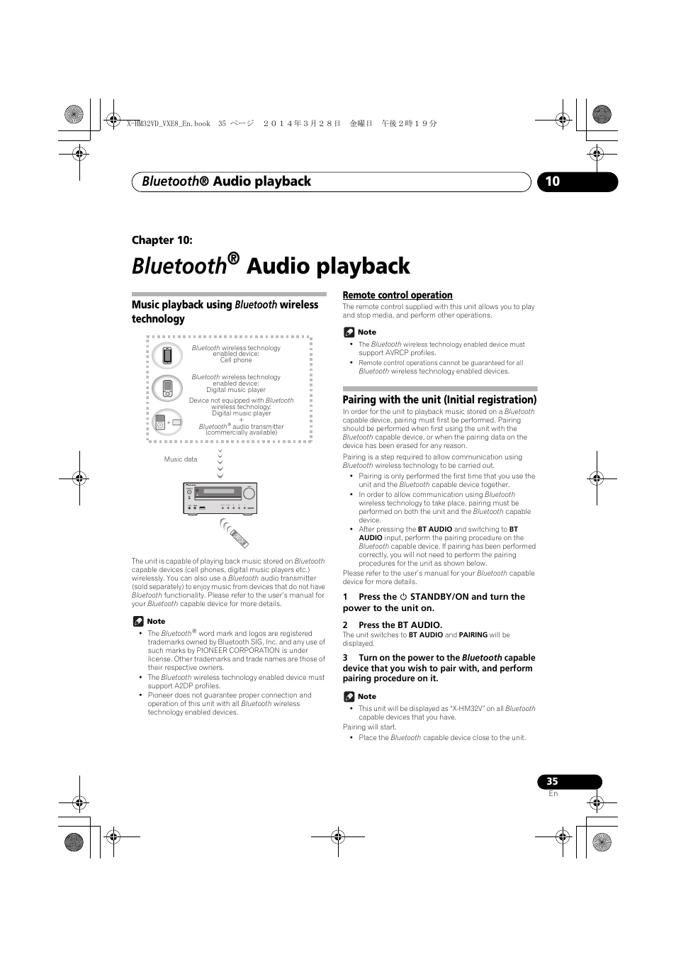 10 bluetooth ® audio playback, Music playback using bluetooth wireless, Technology | Remote control operation, Pairing with the unit (initial registration), Bluetooth, Audio playback, Bluetooth ® audio playback, Chapter 10, Music playback using bluetooth wireless technology | Pioneer X-HM32VD-K User Manual | Page 35 / 52