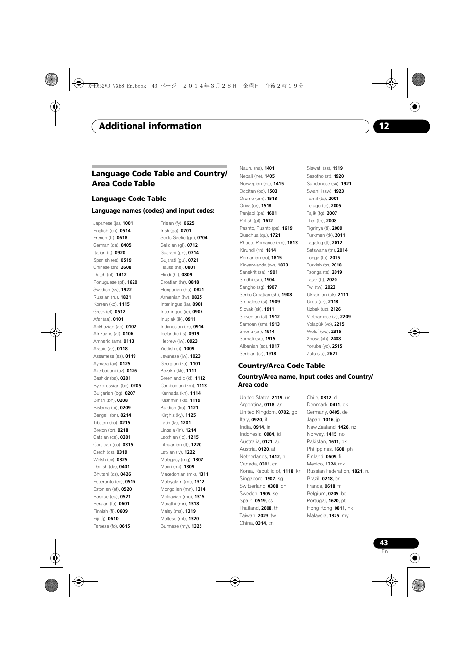 Language code table and country/area code, Table, Language code table | Country/area code table, Additional information 12, Language code table and country/ area code table | Pioneer X-HM32VD-K User Manual | Page 43 / 52