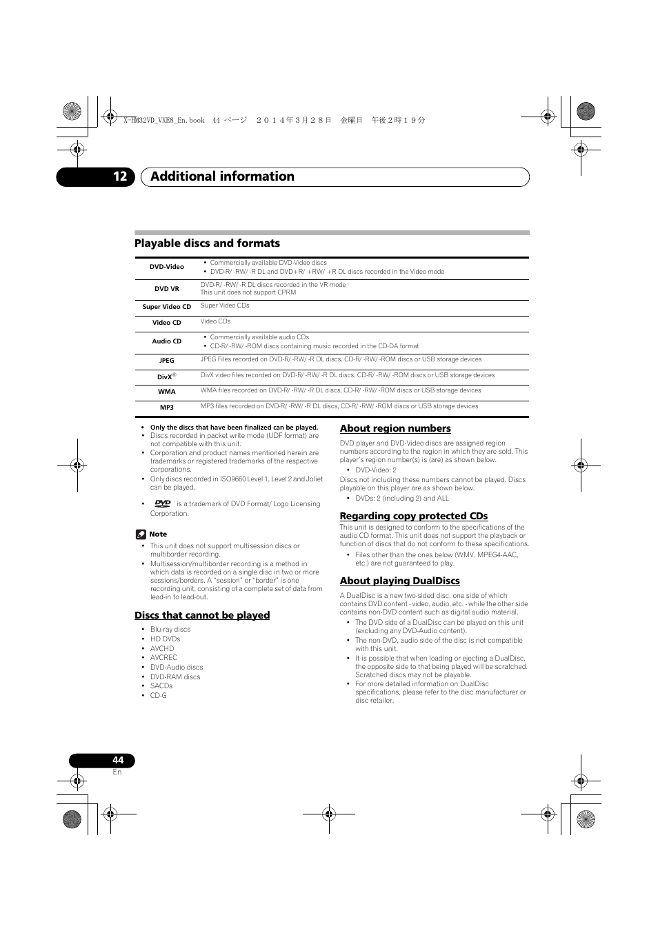 Playable discs and formats, Discs that cannot be played, About region numbers | Regarding copy protected cds, About playing dualdiscs, Additional information 12 | Pioneer X-HM32VD-K User Manual | Page 44 / 52