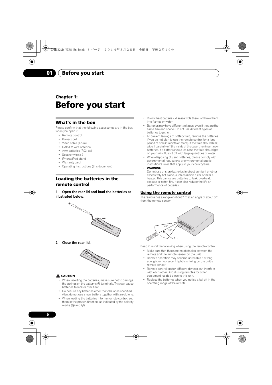 01 before you start, What’s in the box, Loading the batteries in the remote control | Using the remote control, Before you start, Before you start 01, Chapter 1 | Pioneer X-HM32VD-K User Manual | Page 6 / 52