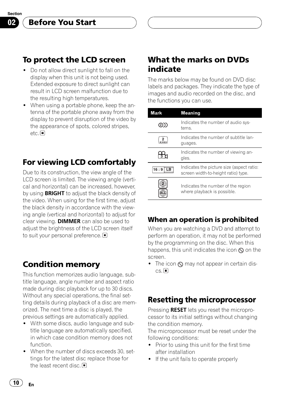 When an operation is prohibited 10, For viewing lcd comfortably, What the marks on dvds indicate | Resetting the microprocessor, Before you start, When an operation is prohibited | Pioneer AVH-P7500DVD User Manual | Page 10 / 116