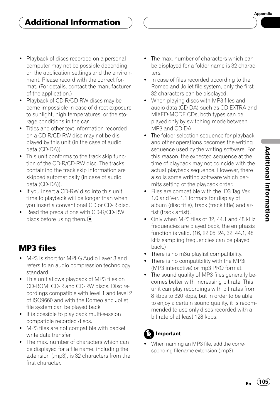 Mp3 files 105, Mp3 files, Additionalinformation | Pioneer AVH-P7500DVD User Manual | Page 105 / 116