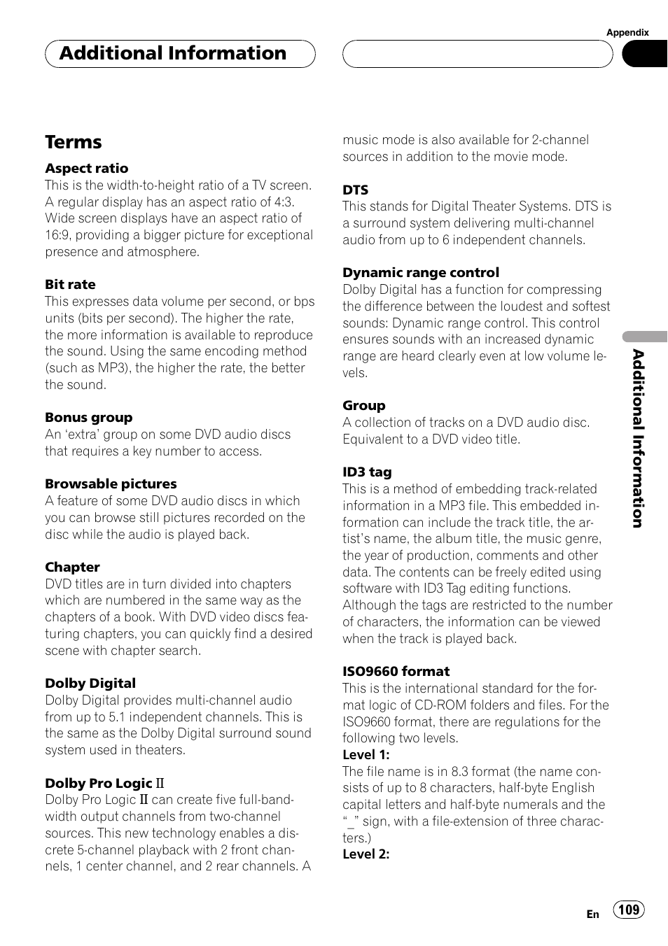 Terms 109, Terms, Additionalinformation | Pioneer AVH-P7500DVD User Manual | Page 109 / 116