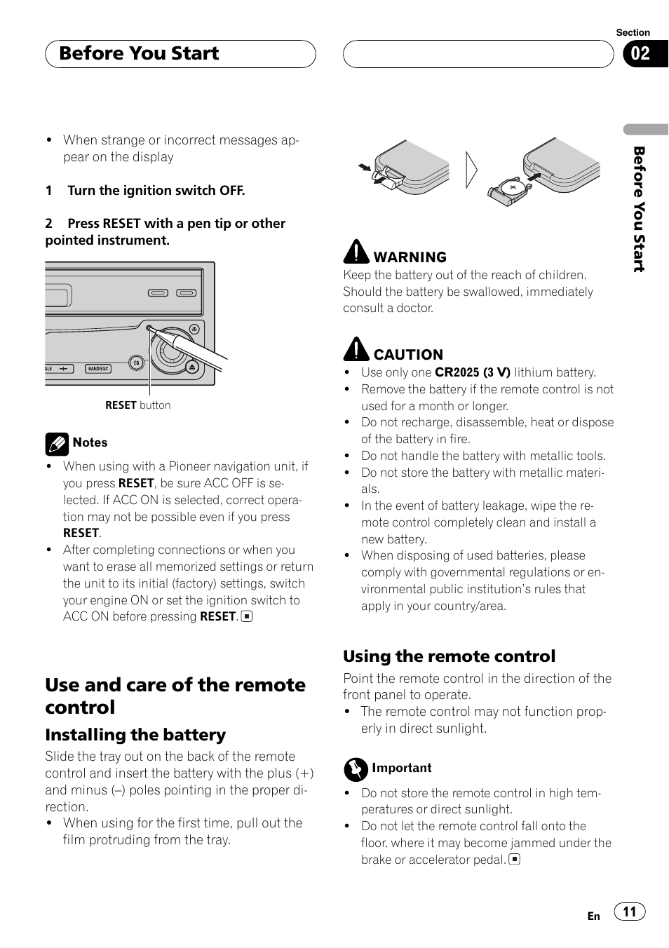 Use and care of the remote control 11, Use and care of the remote control, Before you start | Installing the battery, Using the remote control | Pioneer AVH-P7500DVD User Manual | Page 11 / 116