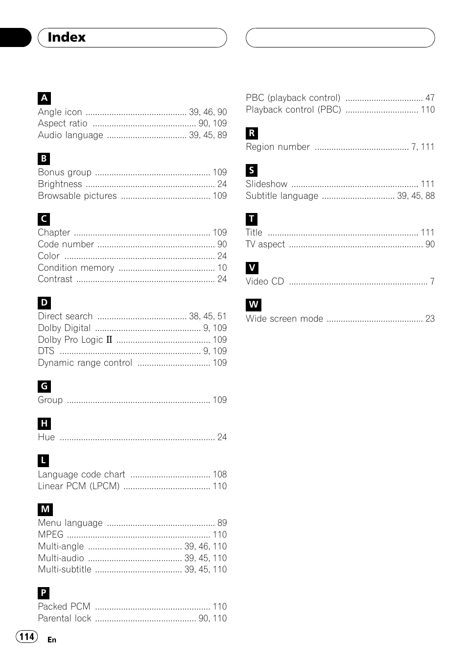 Index 114, Index | Pioneer AVH-P7500DVD User Manual | Page 114 / 116