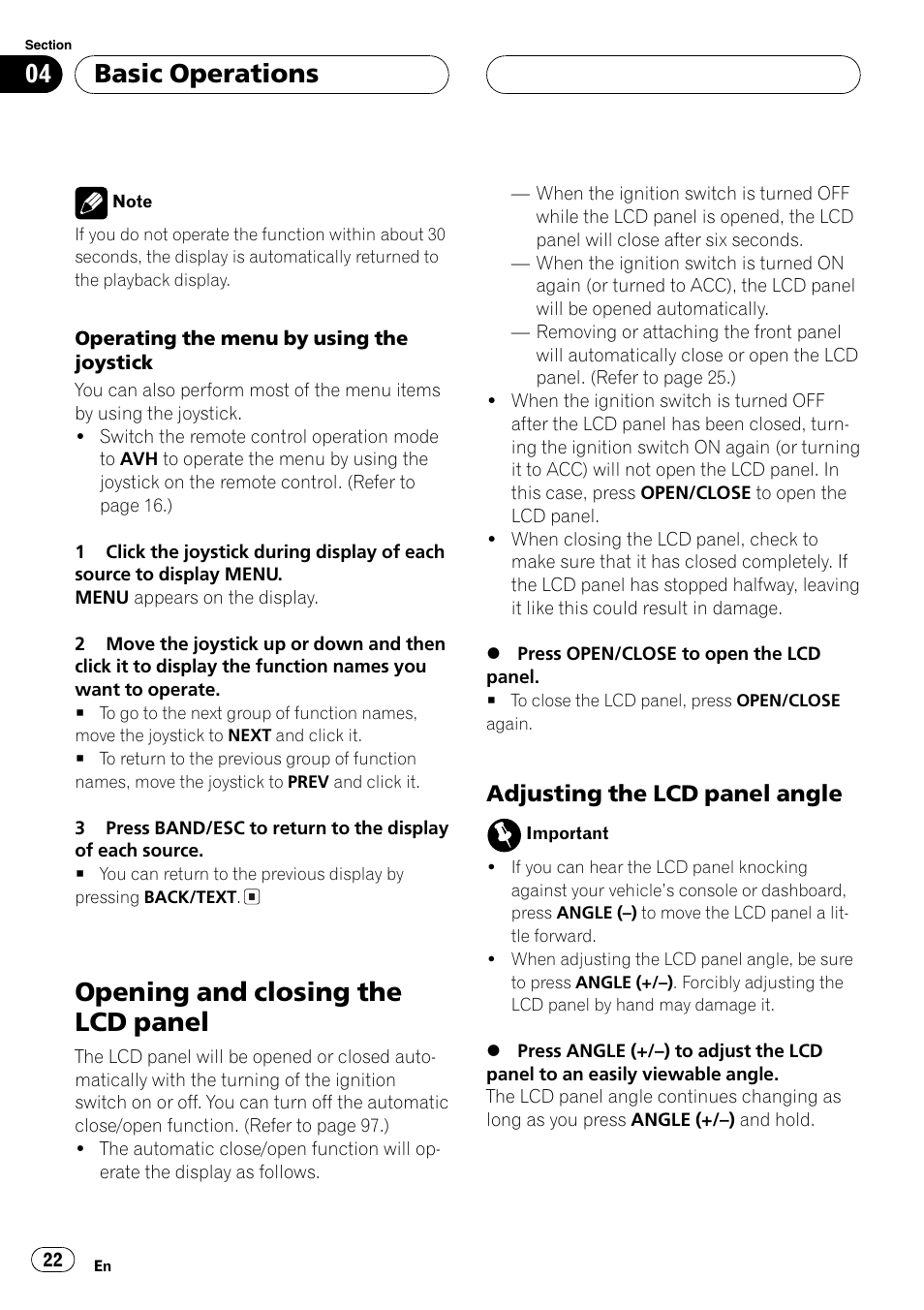 Opening and closing the lcd panel 22, Opening and closing the lcd panel, Basic operations | Adjusting the lcd panelangle | Pioneer AVH-P7500DVD User Manual | Page 22 / 116
