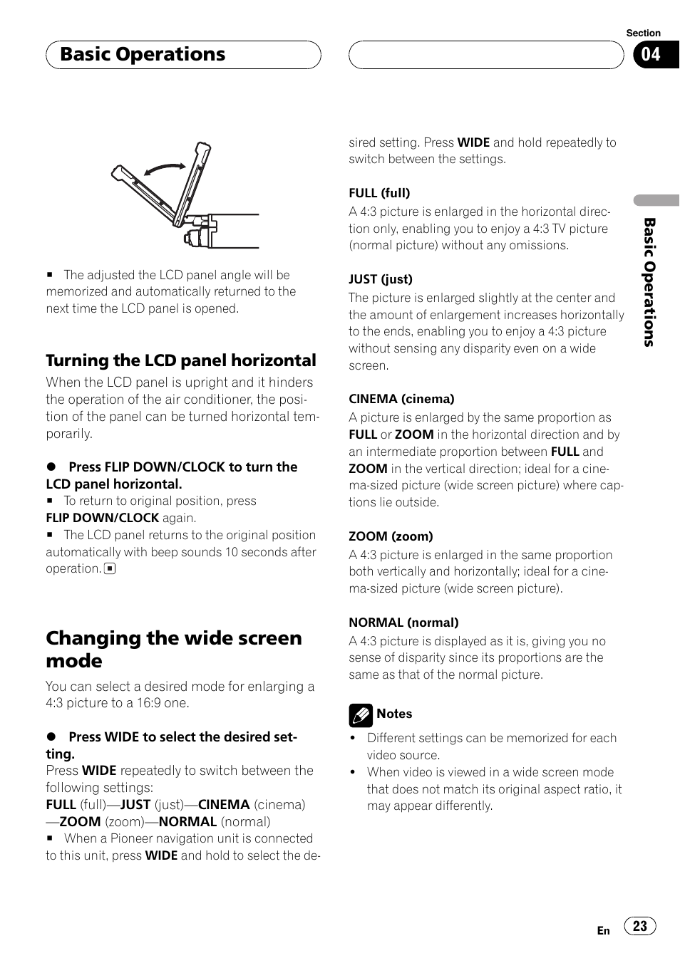 Changing the wide screen mode 23, Changing the wide screen mode, Basic operations | Turning the lcd panelhorizontal | Pioneer AVH-P7500DVD User Manual | Page 23 / 116