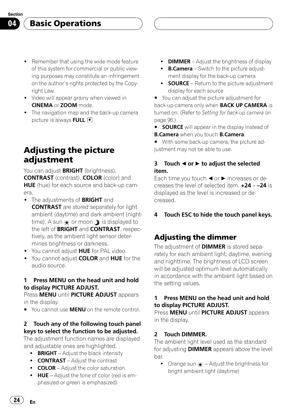 Adjusting the picture adjustment 24, Adjusting the picture adjustment, Basic operations | Adjusting the dimmer | Pioneer AVH-P7500DVD User Manual | Page 24 / 116