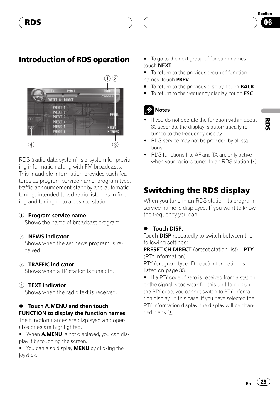 Introduction of rds operation, Switching the rds display | Pioneer AVH-P7500DVD User Manual | Page 29 / 116