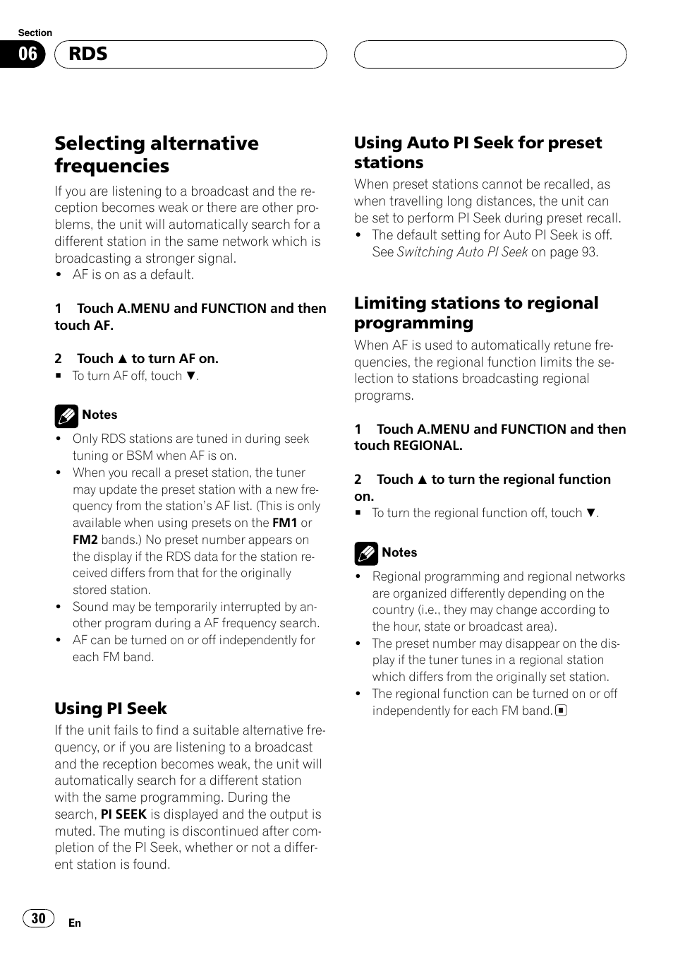 Selecting alternative frequencies 30, Selecting alternative frequencies, Using pi seek | Using auto pi seek for preset stations, Limiting stations to regional programming | Pioneer AVH-P7500DVD User Manual | Page 30 / 116