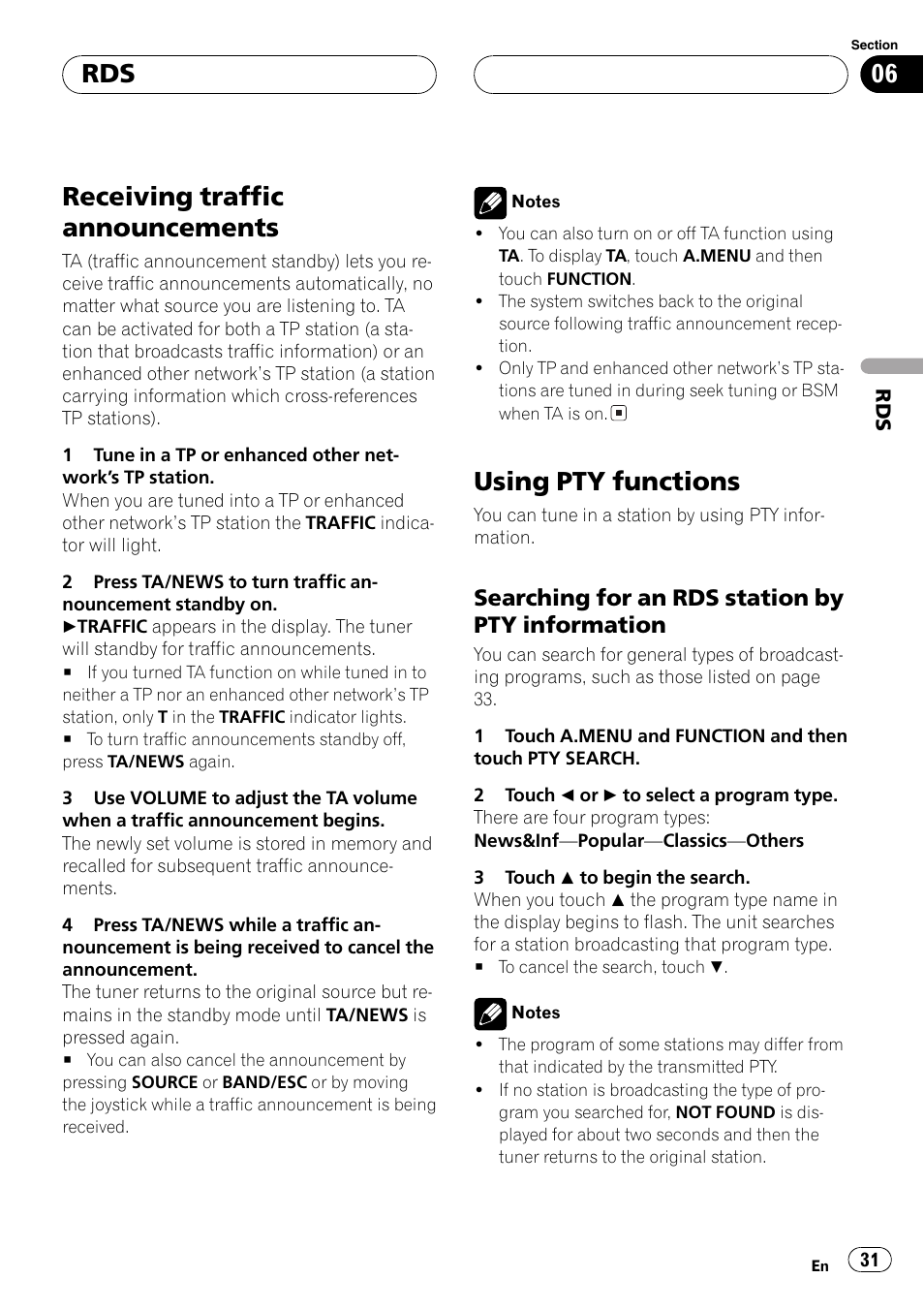 Receiving traffic announcements, Using pty functions, Searching for an rds station by pty information | Pioneer AVH-P7500DVD User Manual | Page 31 / 116