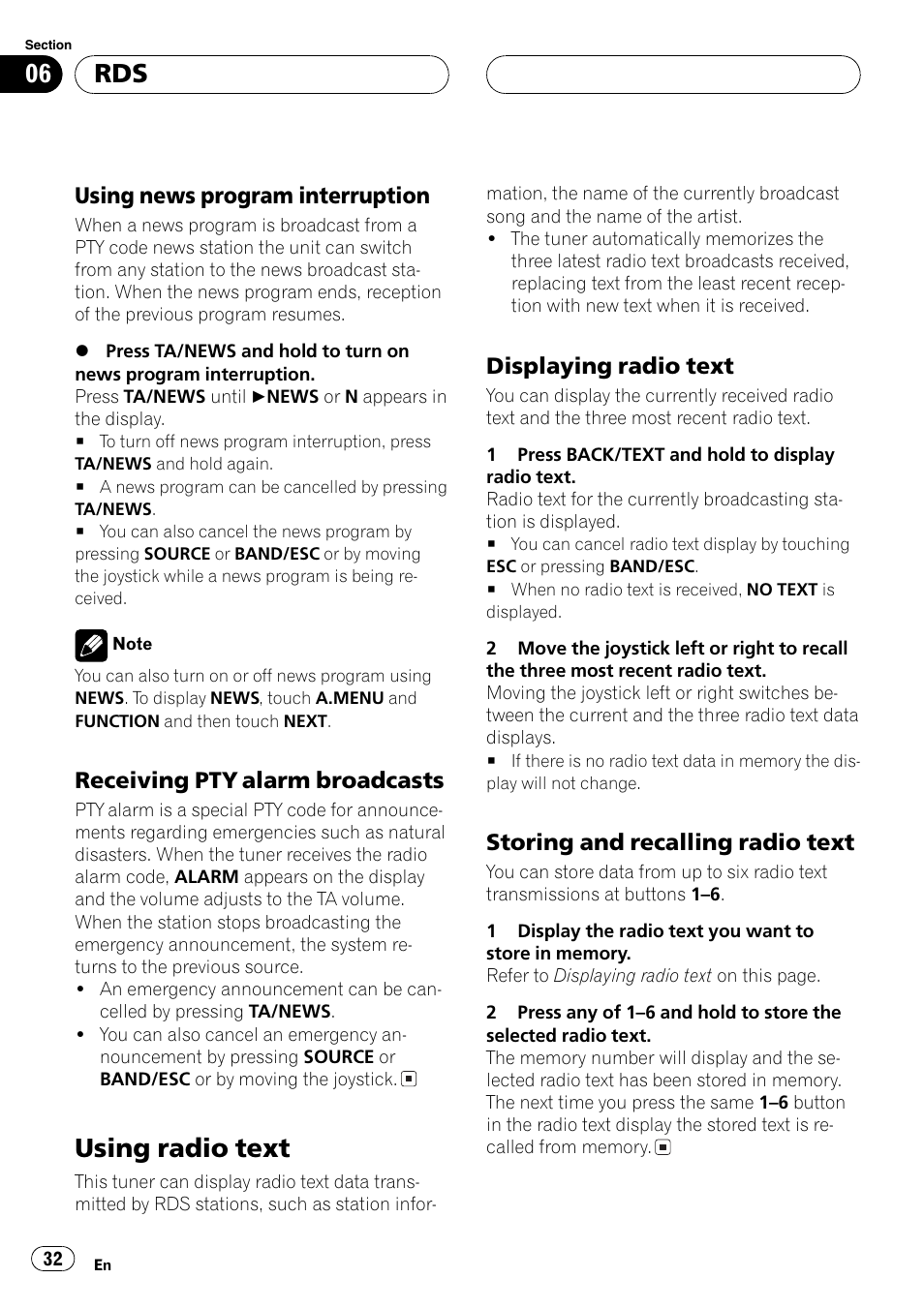 Using radio text 32, Using radio text, Using news program interruption | Receiving pty alarm broadcasts, Displaying radio text, Storing and recalling radio text | Pioneer AVH-P7500DVD User Manual | Page 32 / 116