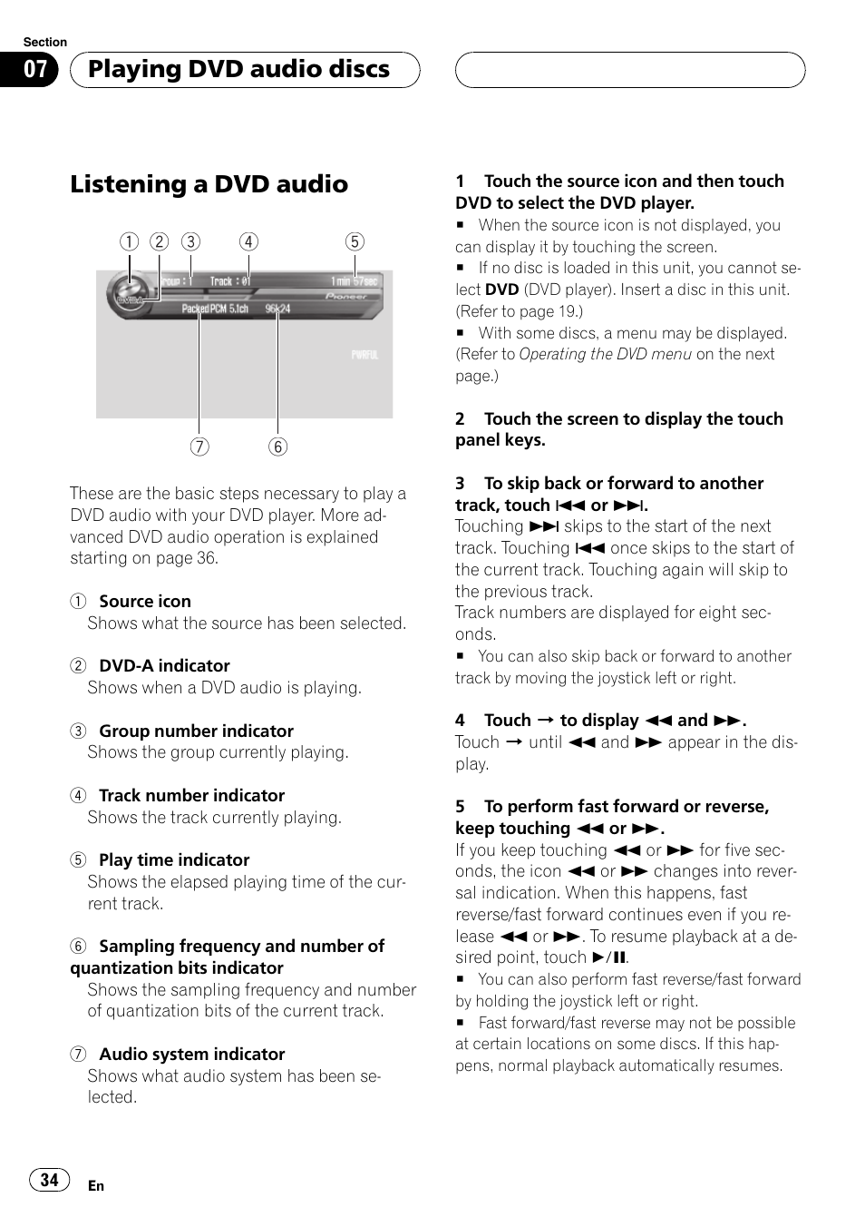 Playing dvd audio discs listening a dvd audio 34, Listening a dvd audio, Playing dvd audio discs | Pioneer AVH-P7500DVD User Manual | Page 34 / 116