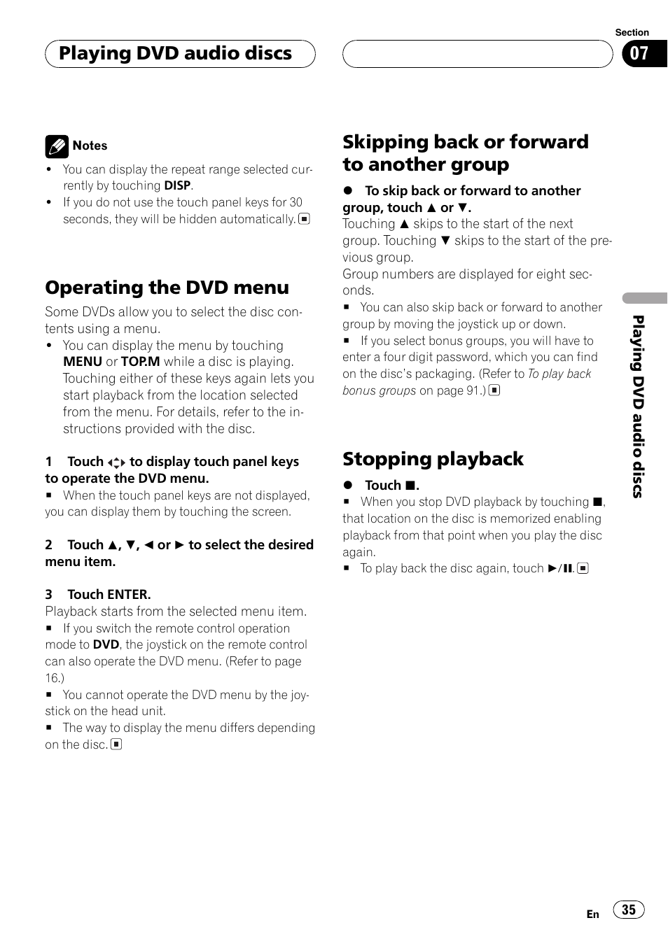 Group 35, Stopping playback 35, Operating the dvd menu | Skipping back or forward to another group, Stopping playback, Playing dvd audio discs | Pioneer AVH-P7500DVD User Manual | Page 35 / 116