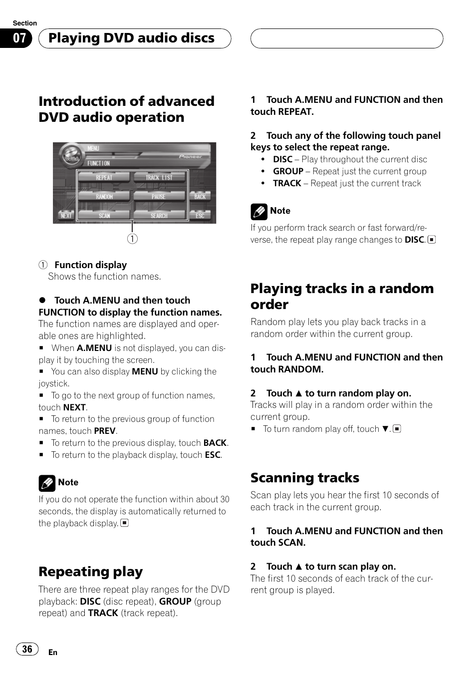 Introduction of advanced dvd audio, Operation 36, Introduction of advanced dvd audio operation | Repeating play, Playing tracks in a random order, Scanning tracks, Playing dvd audio discs | Pioneer AVH-P7500DVD User Manual | Page 36 / 116