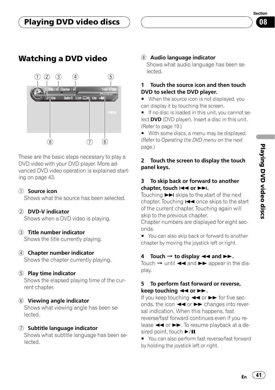 Playing dvd video discs watching a dvd video 41, Watching a dvd video, Playing dvd video discs | Pioneer AVH-P7500DVD User Manual | Page 41 / 116