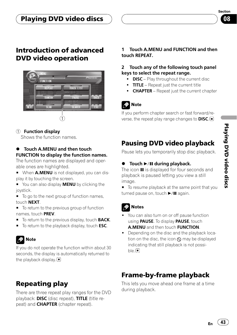 Introduction of advanced dvd video, Operation 43, Introduction of advanced dvd video operation | Repeating play, Pausing dvd video playback, Frame-by-frame playback, Playing dvd video discs | Pioneer AVH-P7500DVD User Manual | Page 43 / 116