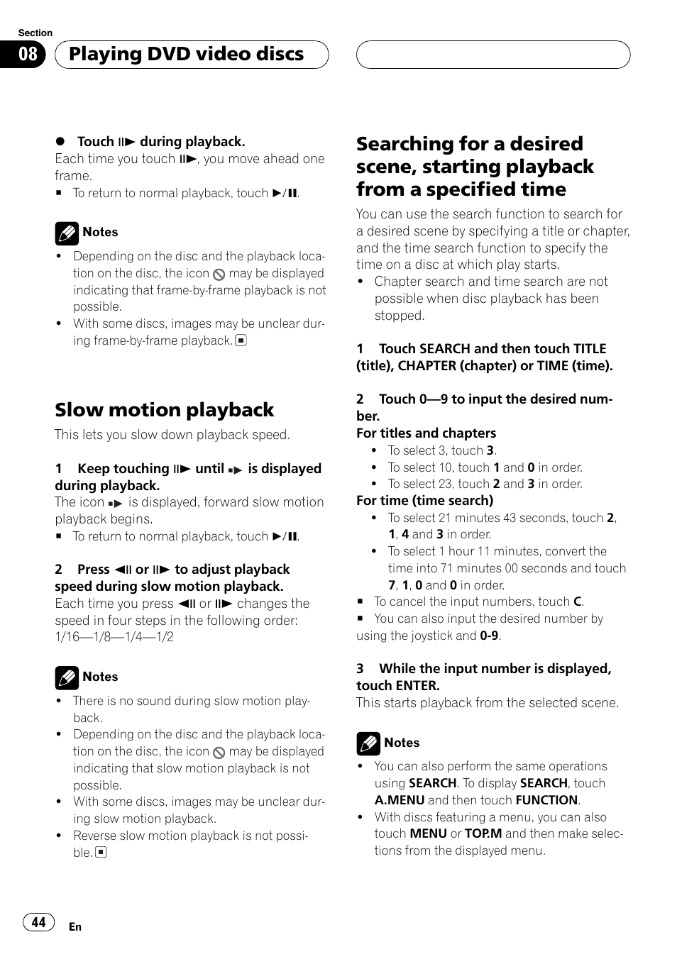 Playback from a specified time 44, Slow motion playback, Playing dvd video discs | Pioneer AVH-P7500DVD User Manual | Page 44 / 116