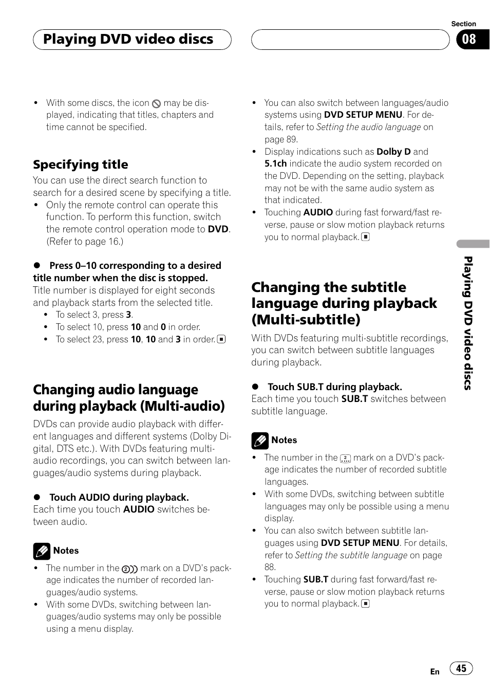 Changing audio language during playback, Multi-audio) 45, Changing the subtitle language during | Playback (multi-subtitle) 45, Playing dvd video discs, Specifying title | Pioneer AVH-P7500DVD User Manual | Page 45 / 116