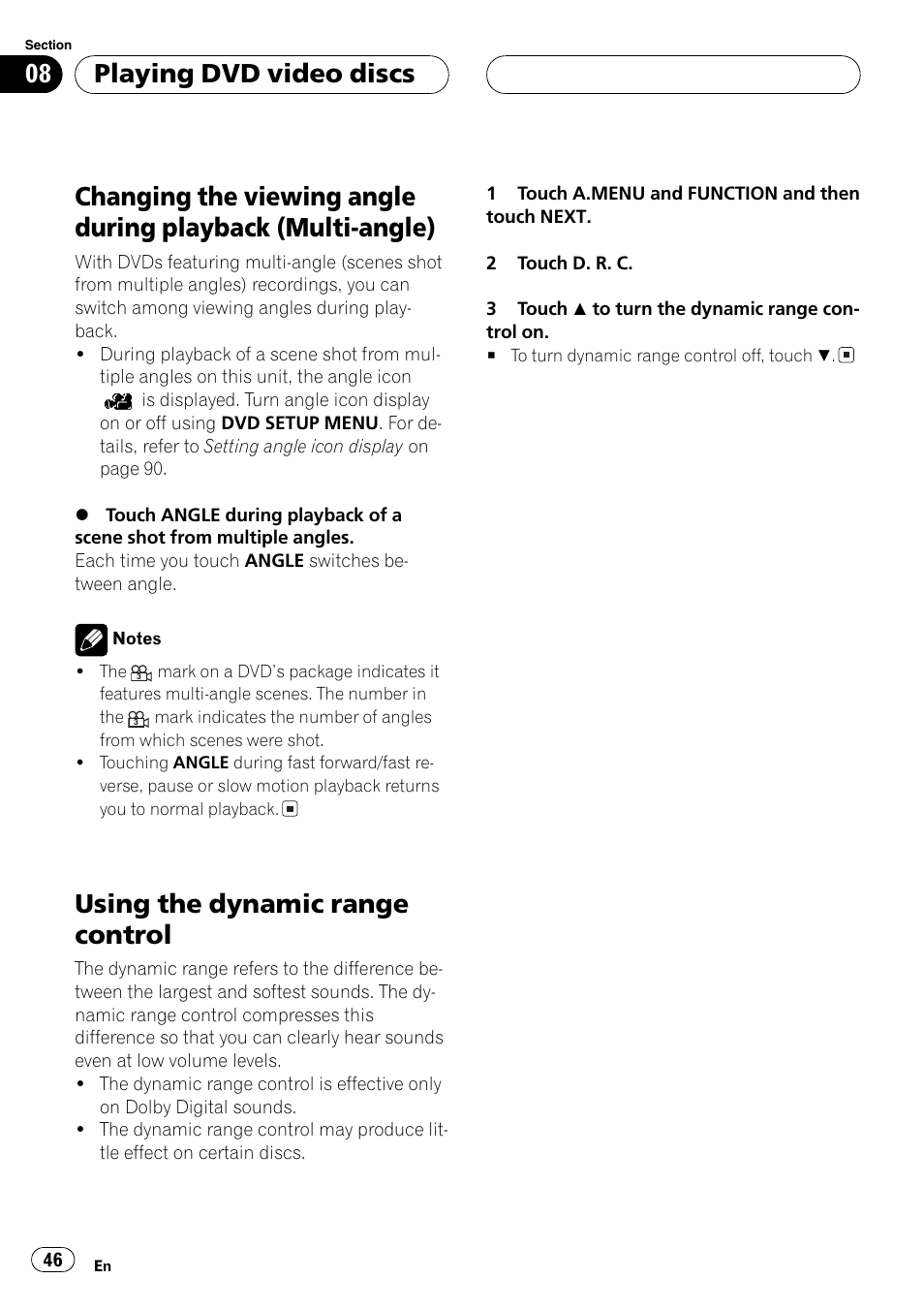 Changing the viewing angle during playback, Multi-angle) 46, Using the dynamic range control 46 | Using the dynamic range control, Playing dvd video discs | Pioneer AVH-P7500DVD User Manual | Page 46 / 116