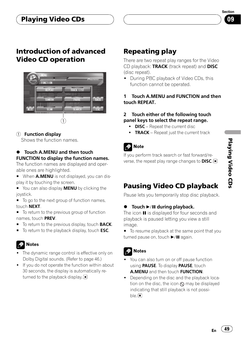 Introduction of advanced video cd, Operation 49, Repeating play 49 pausing video cd playback 49 | Introduction of advanced video cd operation, Repeating play, Pausing video cd playback, Playing video cds | Pioneer AVH-P7500DVD User Manual | Page 49 / 116