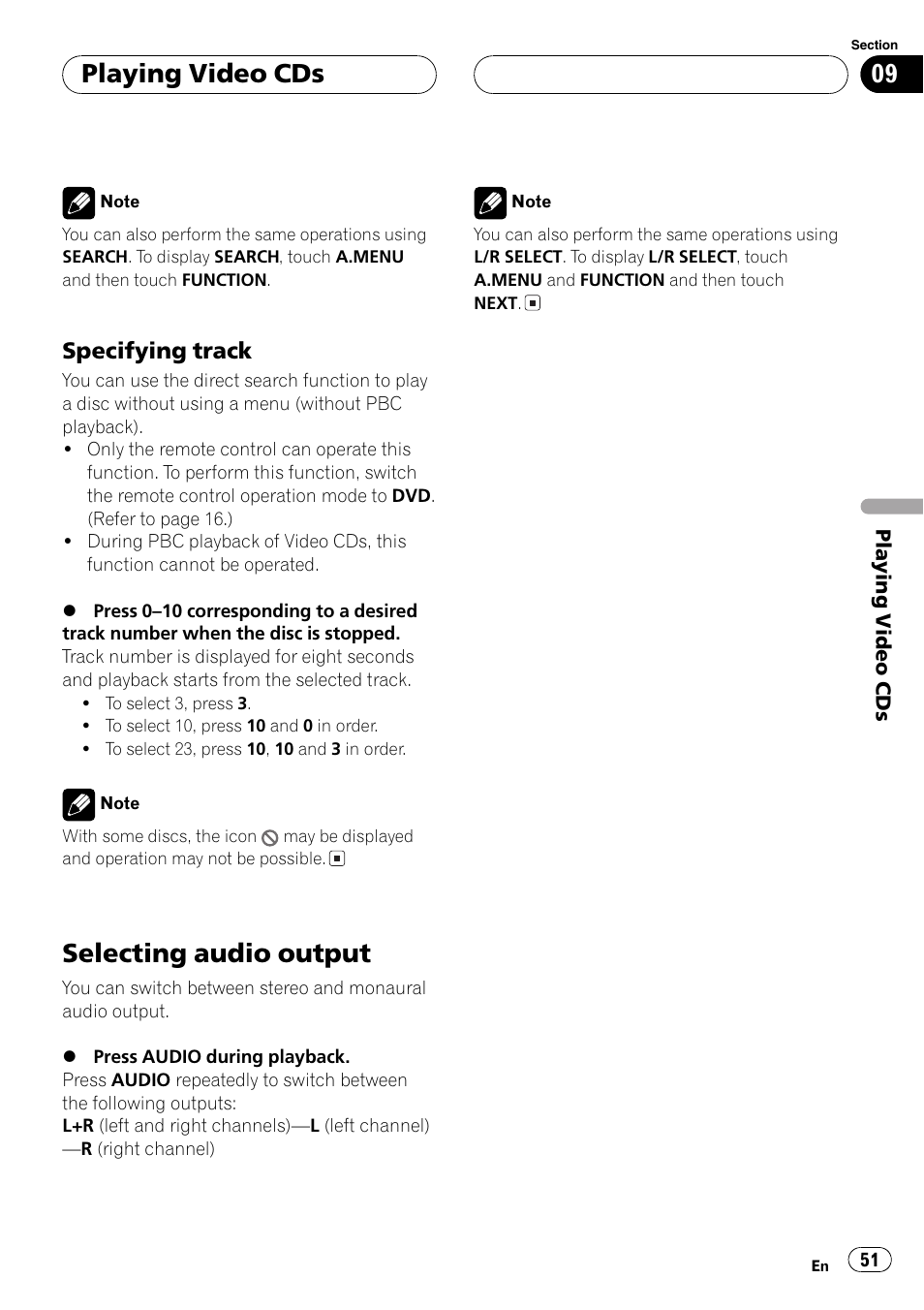 Selecting audio output 51, Spe- cifying track, Selecting audio output | Playing video cds, Specifying track | Pioneer AVH-P7500DVD User Manual | Page 51 / 116