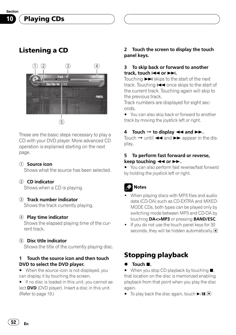 Playing cds listening a cd 52 stopping playback 52, Listening a cd, Stopping playback | Playing cds | Pioneer AVH-P7500DVD User Manual | Page 52 / 116