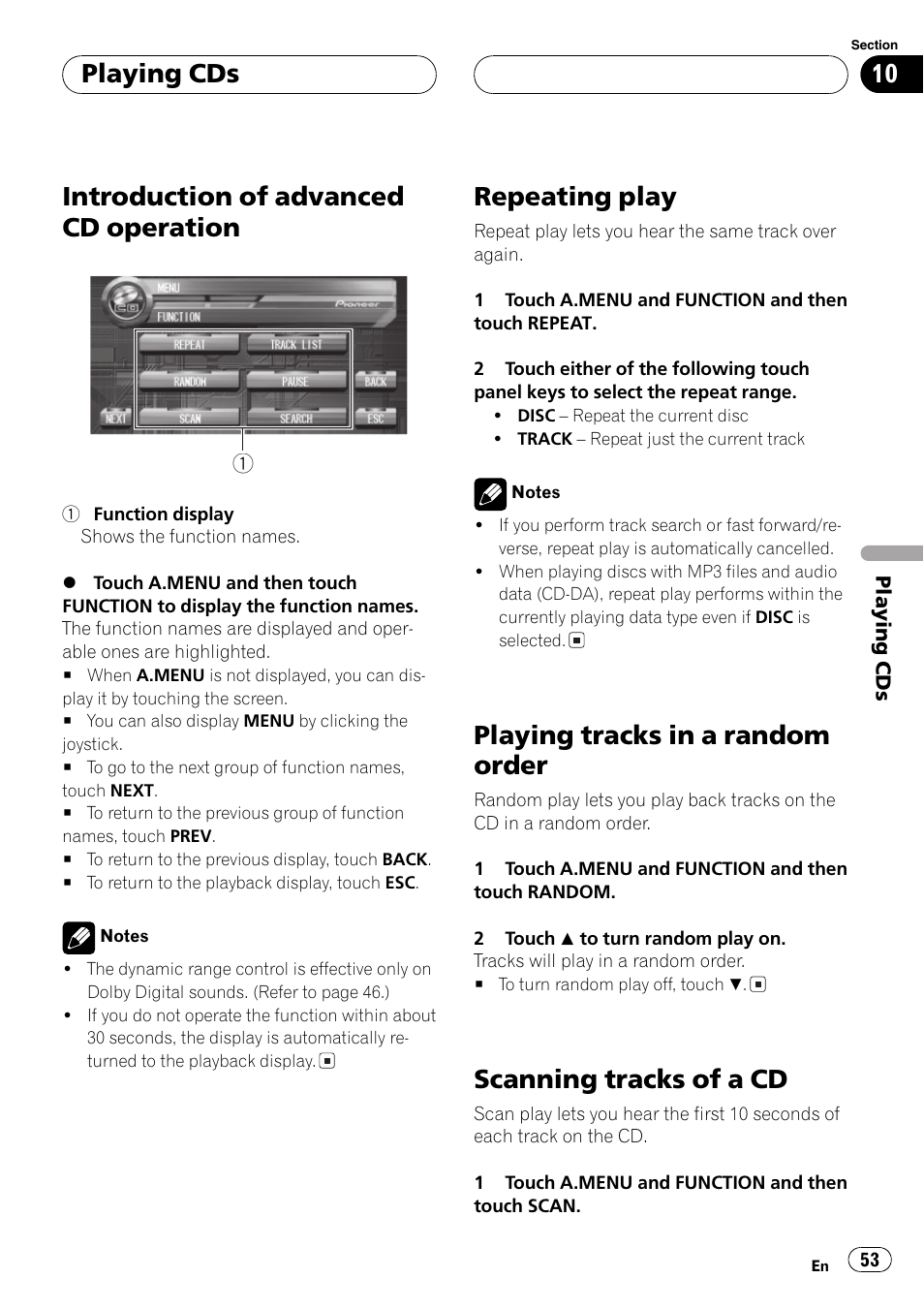 Introduction of advanced cd operation, Repeating play, Playing tracks in a random order | Scanning tracks of a cd, Playing cds | Pioneer AVH-P7500DVD User Manual | Page 53 / 116