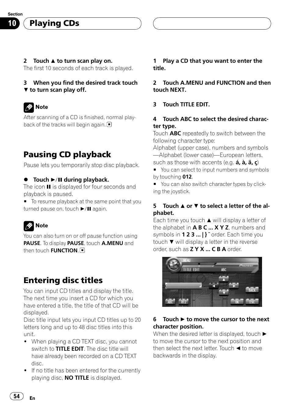 Pausing cd playback 54 entering disc titles 54, Pausing cd playback, Entering disc titles | Playing cds | Pioneer AVH-P7500DVD User Manual | Page 54 / 116