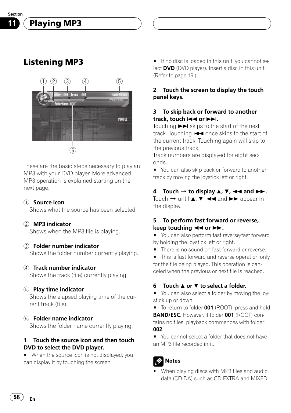 Playing mp3 listening mp3 56, Listening mp3, Playing mp3 | Pioneer AVH-P7500DVD User Manual | Page 56 / 116