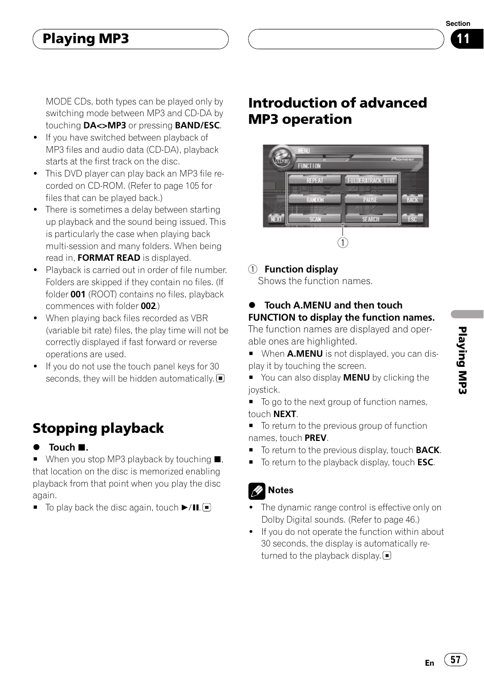 Stopping playback, Introduction of advanced mp3 operation, Playing mp3 | Pioneer AVH-P7500DVD User Manual | Page 57 / 116