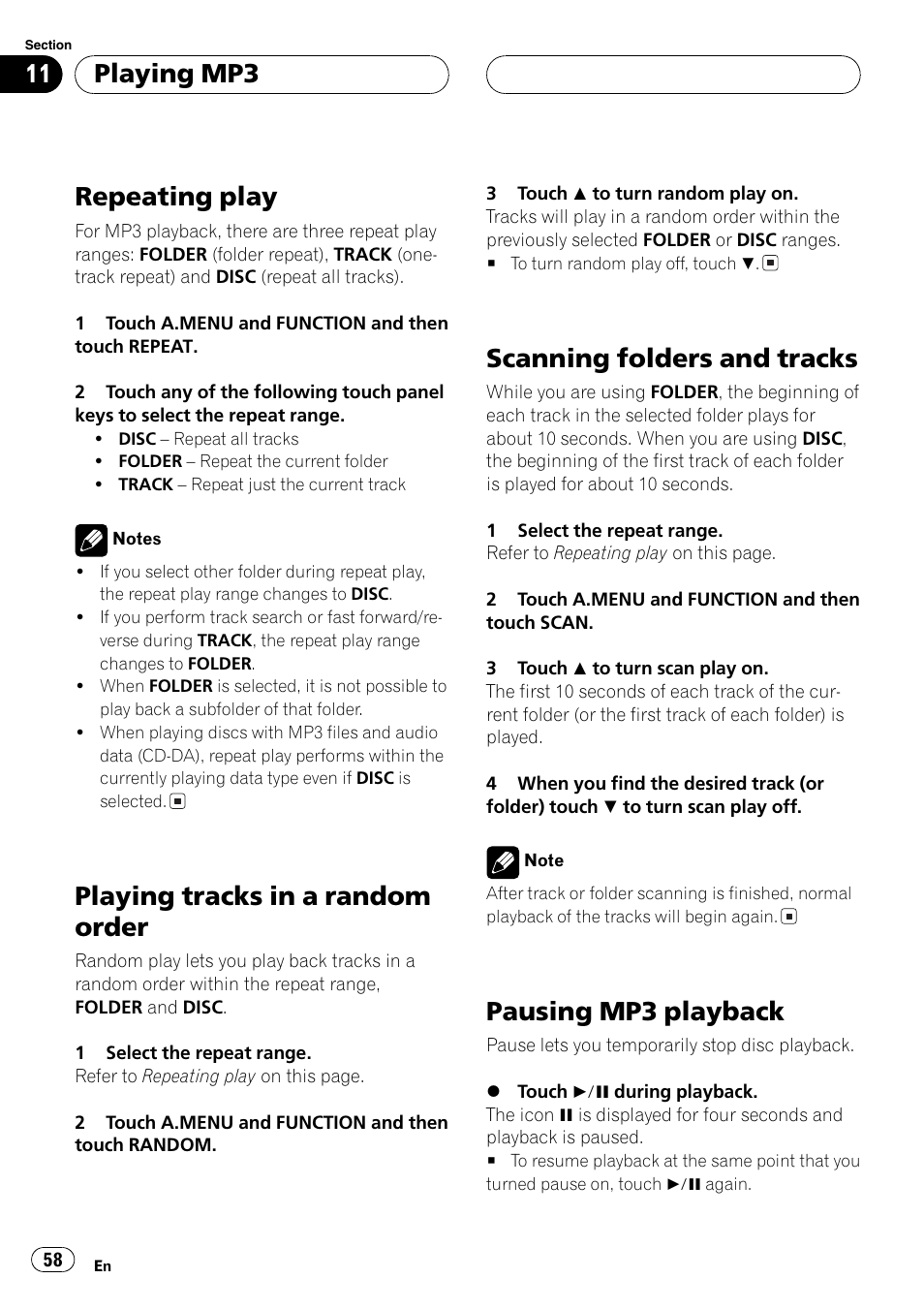 Repeating play, Playing tracks in a random order, Scanning folders and tracks | Pausing mp3 playback, Playing mp3 | Pioneer AVH-P7500DVD User Manual | Page 58 / 116