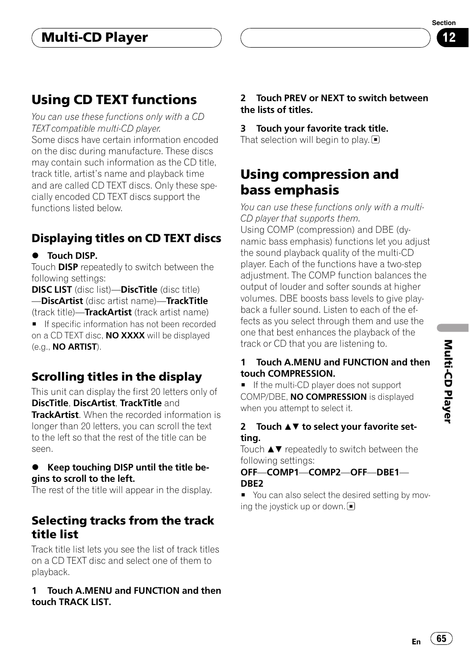 Using cd text functions, Using compression and bass emphasis, Multi-cd player | Pioneer AVH-P7500DVD User Manual | Page 65 / 116