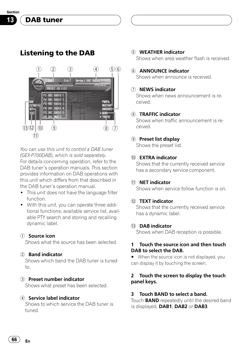 Dab tuner listening to the dab 66, Listening to the dab, Dab tuner | Pioneer AVH-P7500DVD User Manual | Page 66 / 116