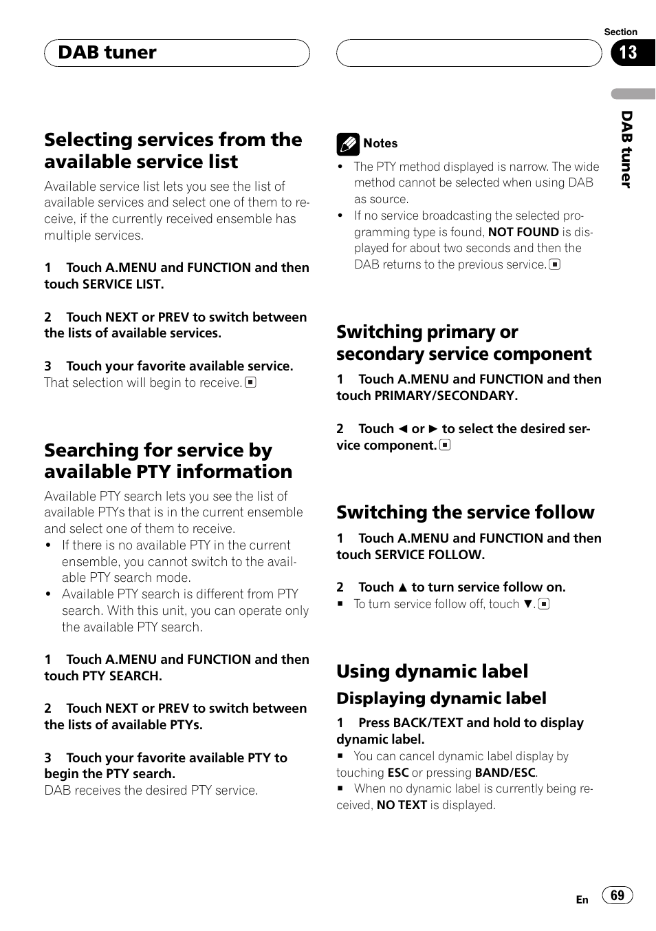 Selecting services from the available service, List 69, Searching for service by available pty | Information 69, Switching primary or secondary service, Component 69, Selecting services from the available service list, Searching for service by available pty information, Switching primary or secondary service component, Switching the service follow | Pioneer AVH-P7500DVD User Manual | Page 69 / 116