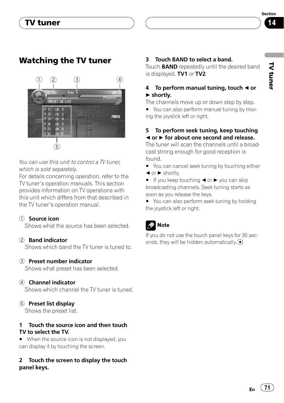 Tv tuner watching the tv tuner 71, Watching the tv tuner, Tv tuner | Pioneer AVH-P7500DVD User Manual | Page 71 / 116