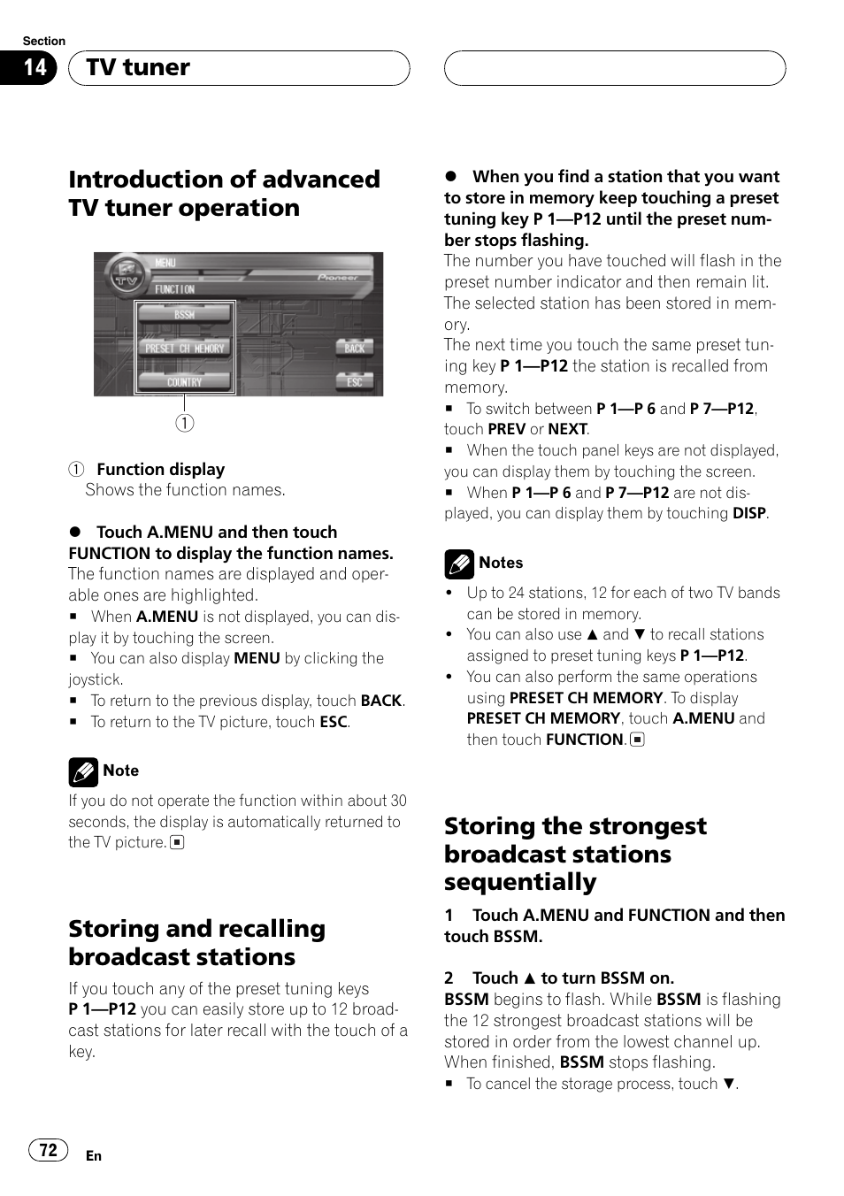 Introduction of advanced tv tuner, Operation 72, Sequentially 72 | Introduction of advanced tv tuner operation, Storing and recalling broadcast stations, Tv tuner | Pioneer AVH-P7500DVD User Manual | Page 72 / 116