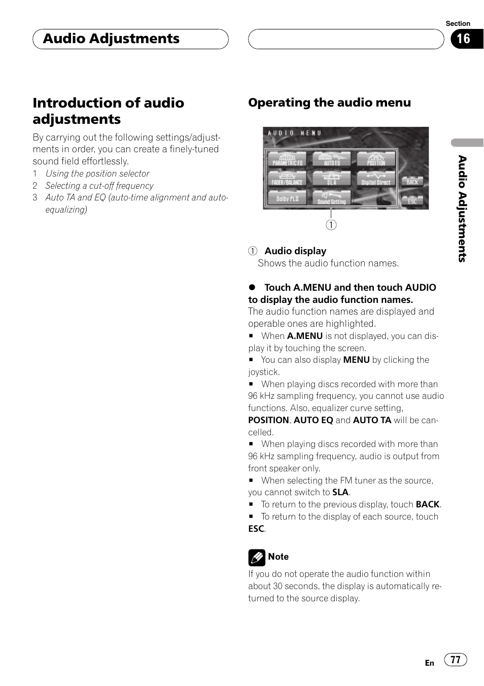 Introduction of audio adjustments, Audio adjustments | Pioneer AVH-P7500DVD User Manual | Page 77 / 116