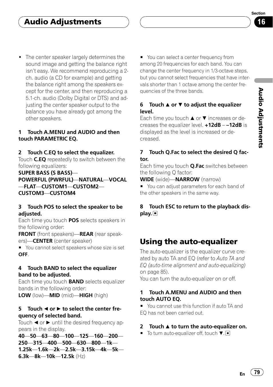 Using the auto-equalizer 79, Using the auto-equalizer, Audio adjustments | Pioneer AVH-P7500DVD User Manual | Page 79 / 116