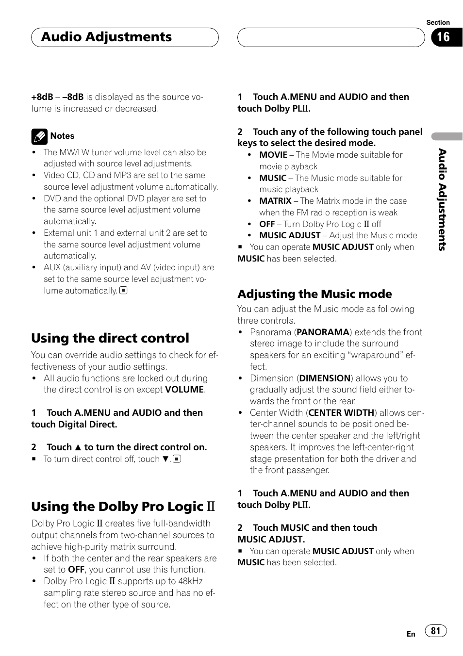 Using the direct control, Using the dolby pro logic b, Audio adjustments | Adjusting the music mode | Pioneer AVH-P7500DVD User Manual | Page 81 / 116