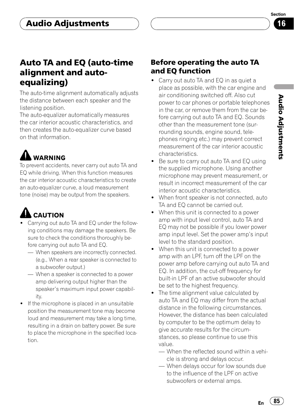 Auto ta and eq (auto-time alignment and, Auto-equalizing) 85, Auto ta and eq (auto-time alignment and auto | Equalizing), Audio adjustments, Before operating the auto ta and eq function | Pioneer AVH-P7500DVD User Manual | Page 85 / 116