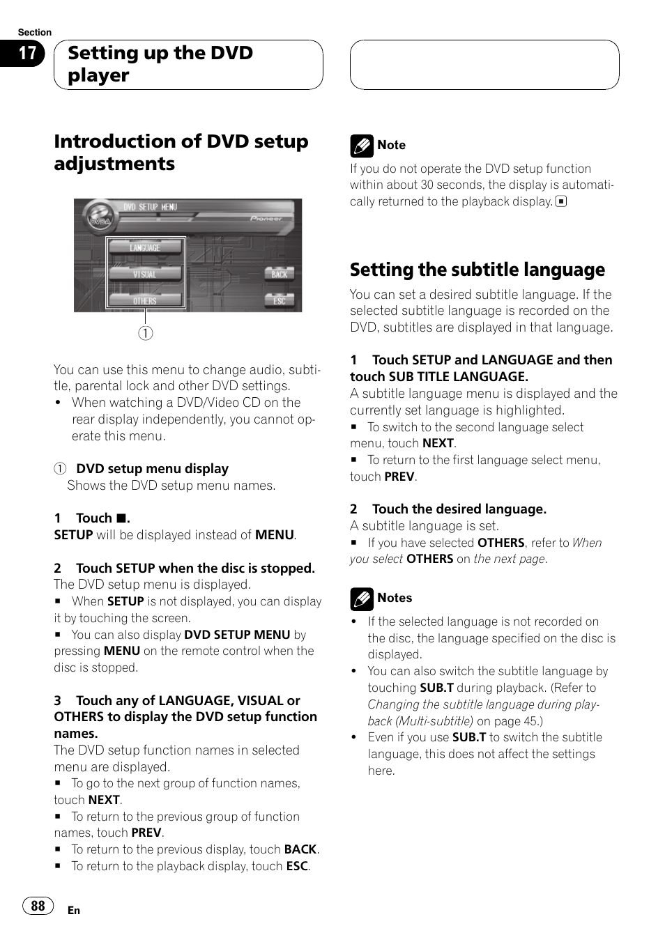 Introduction of dvd setup adjustments, Setting the subtitle language, Setting up the dvd player | Pioneer AVH-P7500DVD User Manual | Page 88 / 116