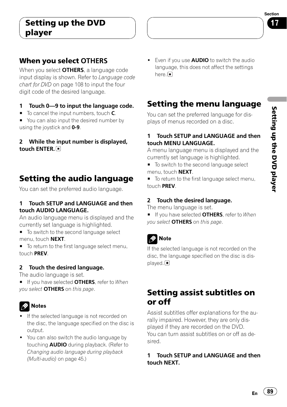 Setting the audio language, Setting the menu language, Setting assist subtitles on or off | Setting up the dvd player | Pioneer AVH-P7500DVD User Manual | Page 89 / 116