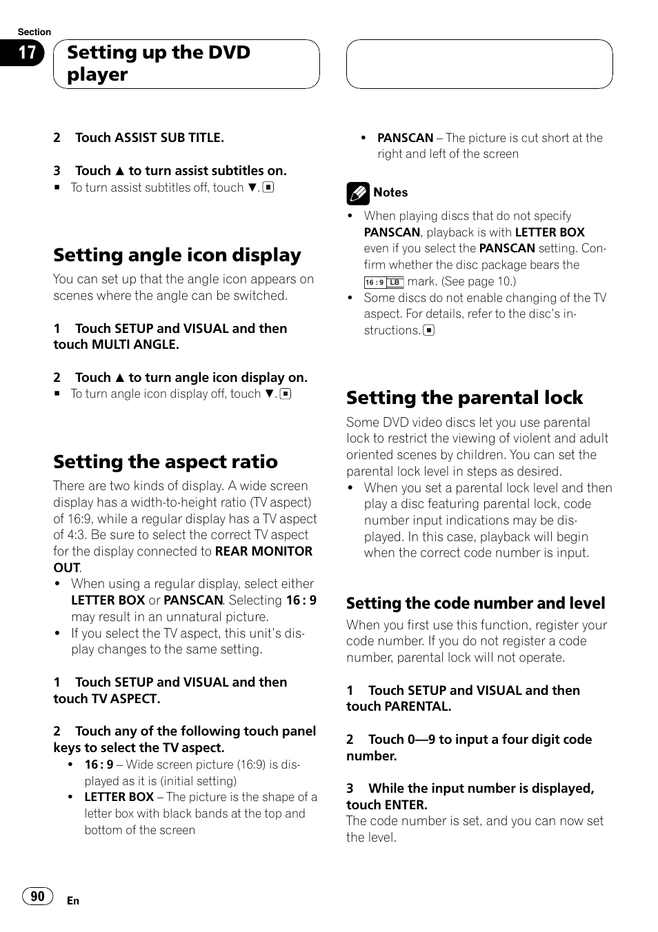 Setting angle icon display on, Setting angle icon display, Setting the aspect ratio | Setting the parentallock, Setting up the dvd player, Setting the code number and level | Pioneer AVH-P7500DVD User Manual | Page 90 / 116